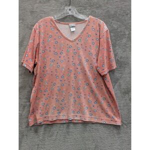 Cabin‎ Creek Shirt Womens Large Pink Floral V Neck Short Sleeve USA Casual Tee